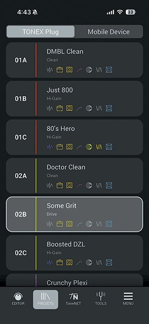 IK TONEX Plug - mobile screen presets