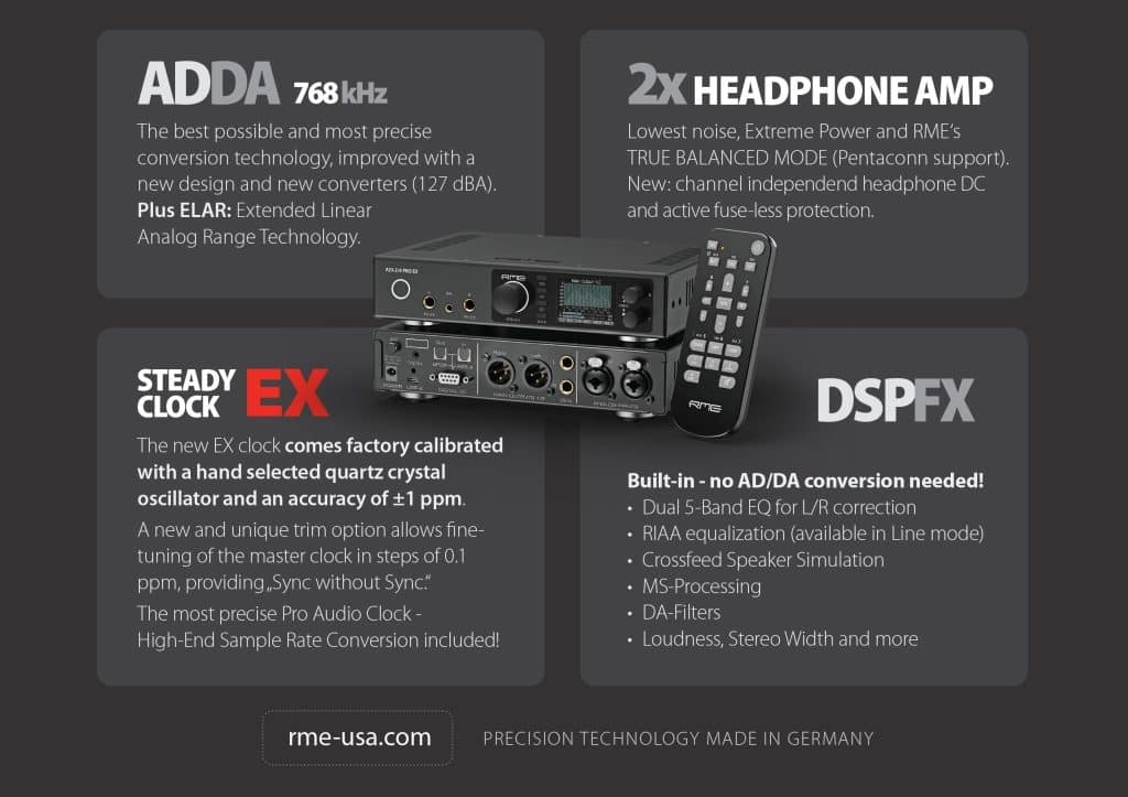 Advanced AD/DA conversion, SteadyClock EX and built-in DSP provide precise control for recording, mastering and critical listening.