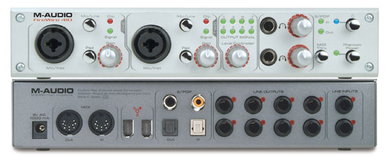 The M-Audio Firewire 410 itself. Note the pad, gain, level indicators (LEDs), and “Inst” inputs.